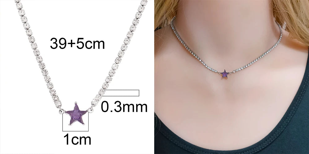 Stainless Steel Necklace Tennis Chain Hip Hop Square Pendant Necklace Star Heart Zircon Choker Necklaces For Women Jewelry