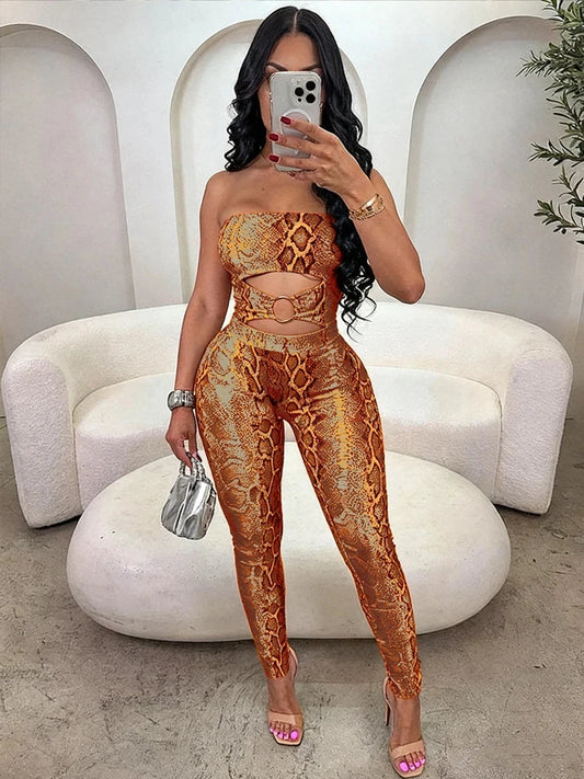 Weird Puss Sexy Snake Print Jumpsuit Women Y2K Strapless Hollow Metal Cirque Midnight Workout Activity Hipster Stretch Overalls Viralgem Store