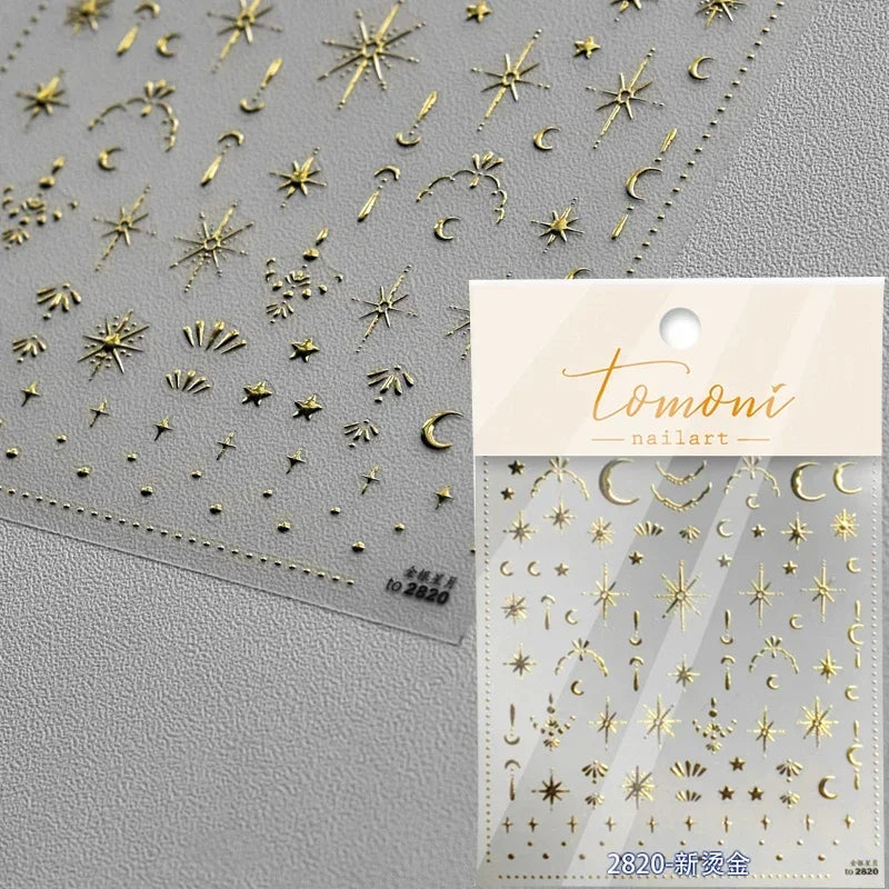 5D Laser Star Moon Snowflake Shiny Rhinestone Embossed Relief Self Adhesive Nail Art Decoration Sticker Manicure Decals
