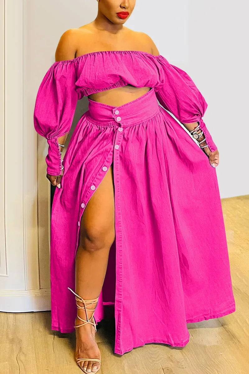 Women's Plus Size Casual Off The Shoulder Split Button Two Pieces Demin Skirt Set Lantern Sleeve Vintage Crop Top Matching Set Viralgem Store