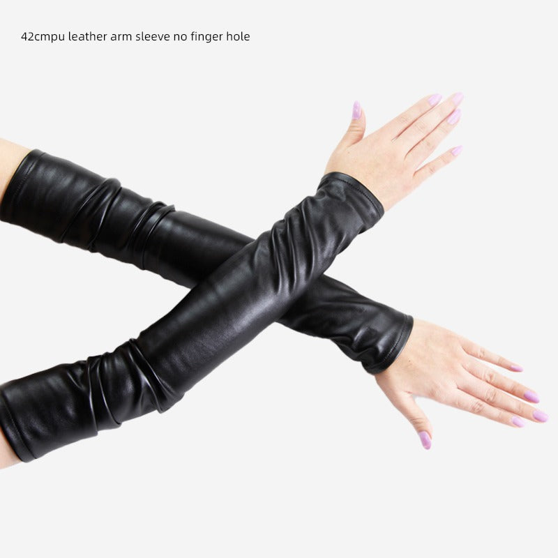 Women's Velvet Open Finger Black Oversleeve Leather Gloves