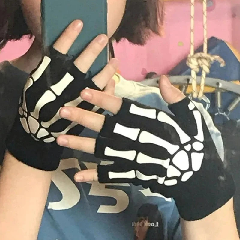 Unisex Halloween Skull Gloves Punk Luminous Glow in The Dark Skeleton Half Finger Glove Cosplay Non-slip Wrist Stretch Mittens Viralgem Store