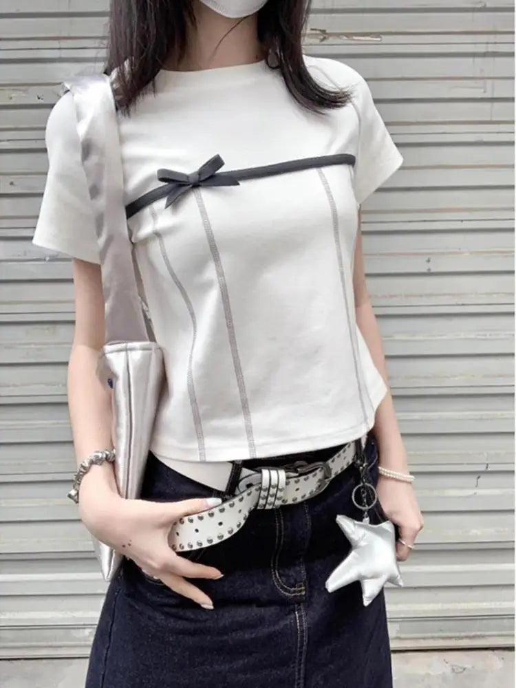 Yedinas High Quality Cotton T Shirt Women Clothes Korean Fashion Summer Tops Short Sleeve Bow Bright Line Decoration Tees Y2k