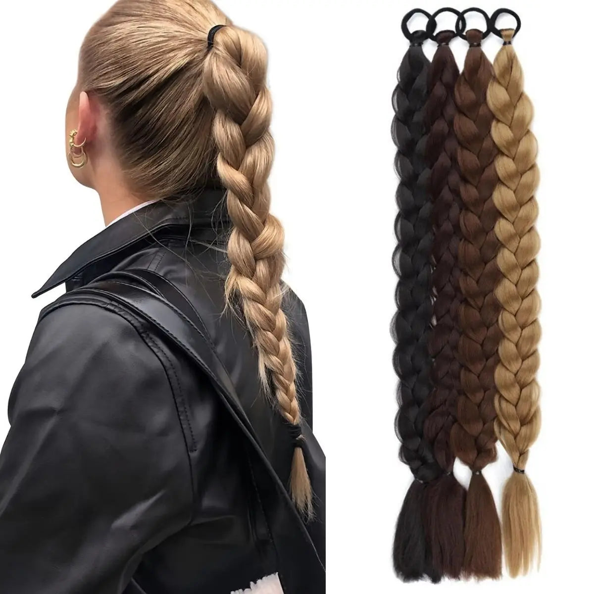 24 Inch Long Black Synthetic Braided Ponytail Hair Extension with Rubber Band for Women Hair Accessories Boxing Braids