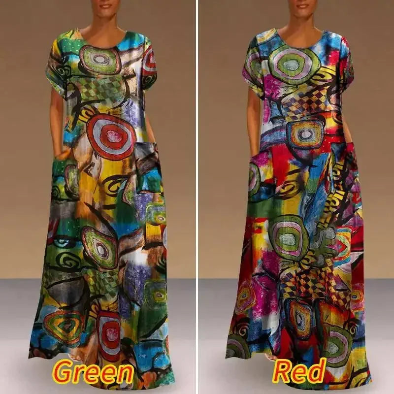 2024 New Short Sleeve Long Retro Print Dress Pocket Large Casual Dress