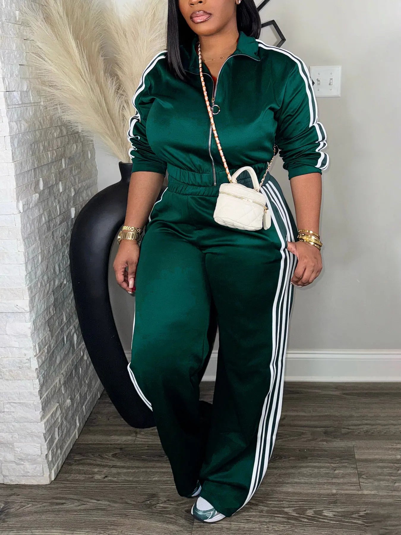 Women’s 2 Piece Tracksuit Set Zip-Up Top + High Waist Pants Side Stripe Casual Outfit Viralgem Store