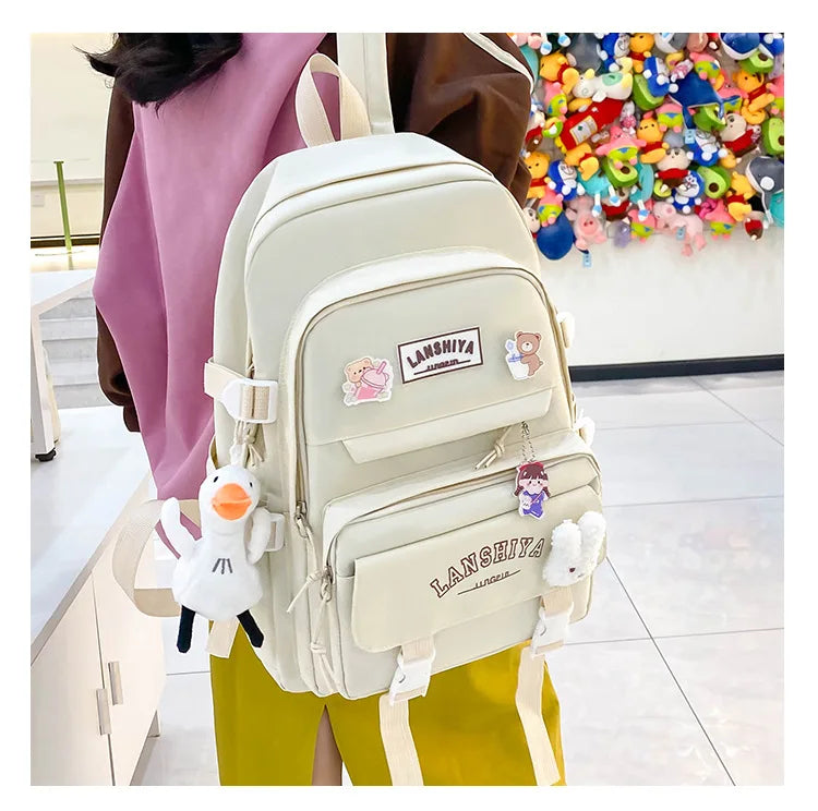 5-piece Set of Free Pendants Forest Style Korean Version Casual Harajuku Student Backpack for High School Girls Large Capacity Viralgem Store