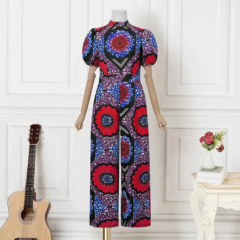 VONDA Women Jumpsuits Short Puff Sleeve Bohemian Print Playsuits 2025 Stand Collar High Waist Overalls Oversized Viralgem Store