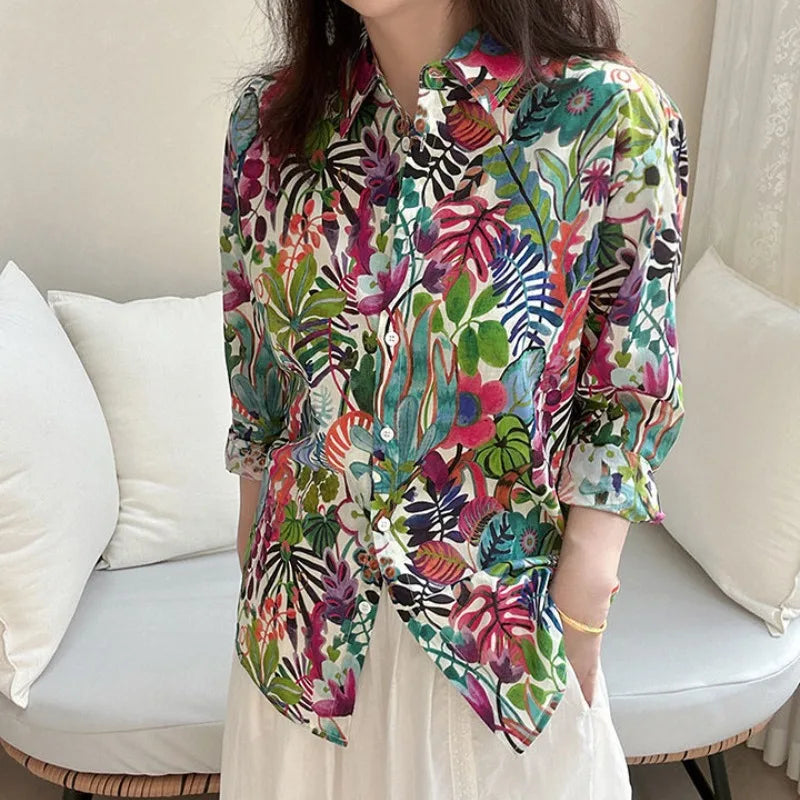 Spring Summer New Women's Polo Neck Plant&Flowers Printed Blouses Commute All-match Straight Long Sleeve Single-breasted Shirts Viralgem Store