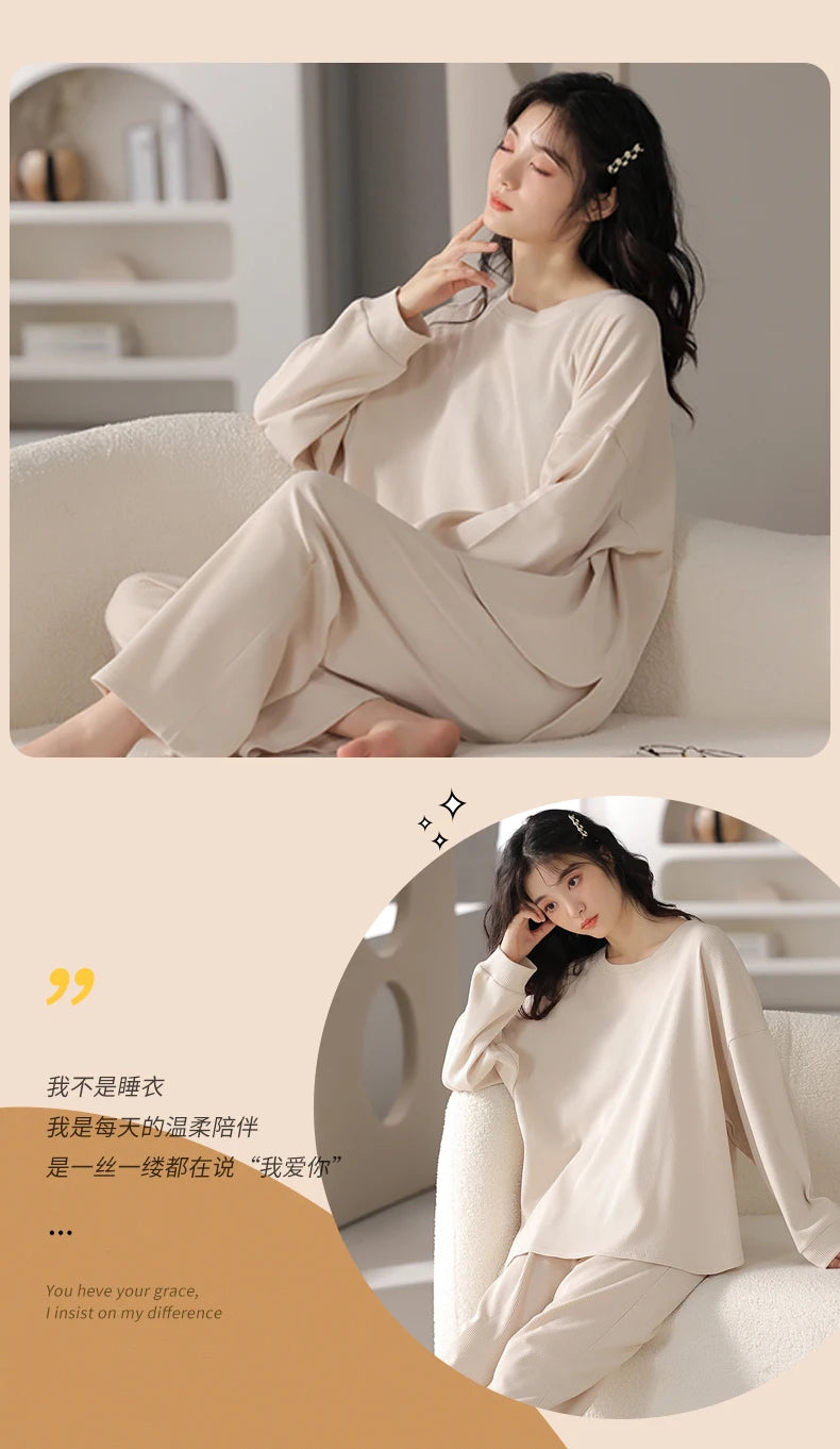SUKAE Waffle Cotton Korean Minimalist Style Women Pajamas Spring Autumn Long Sleeves Lady Sleepwear Kawaii Round Neck Homesuits