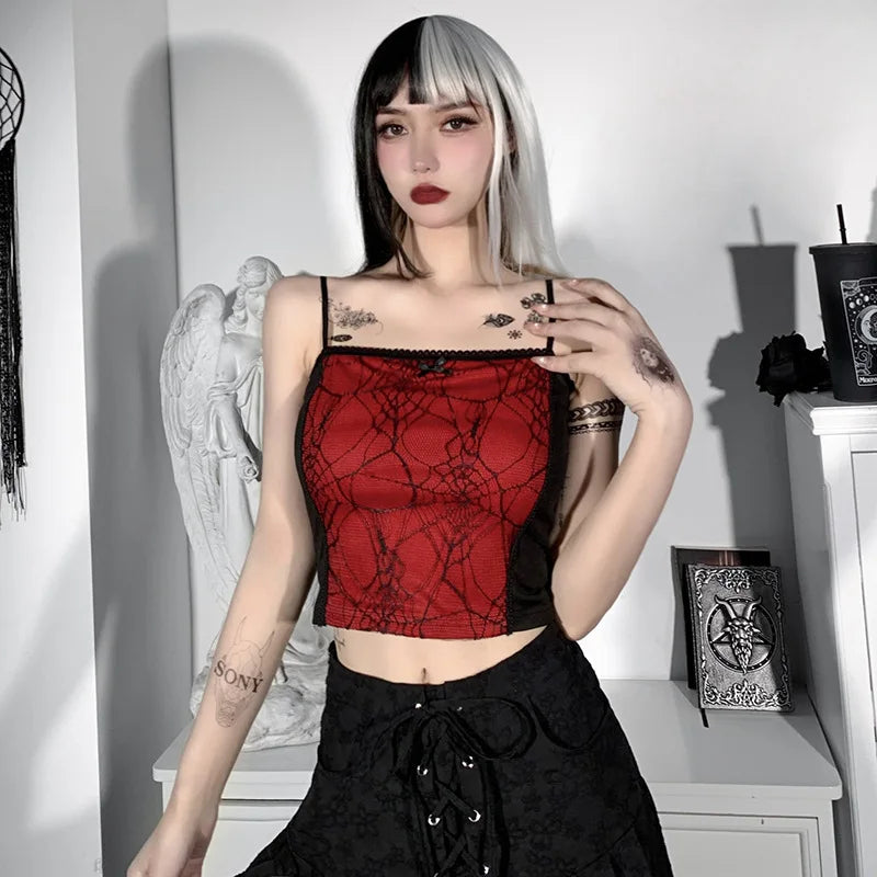 2024 Vintage Gothic Cami Tops Women Mesh Spider Net Lace Tank Vest Female Summer Sexy Club Crop Tops Harajuku 2000s clothes