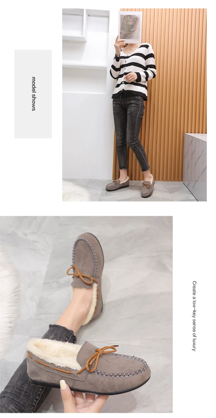 2023 autumn and winter new Doudou shoes women plus cashmere warm bow Korean version of casual shallow mouth flat lazy cotton sho