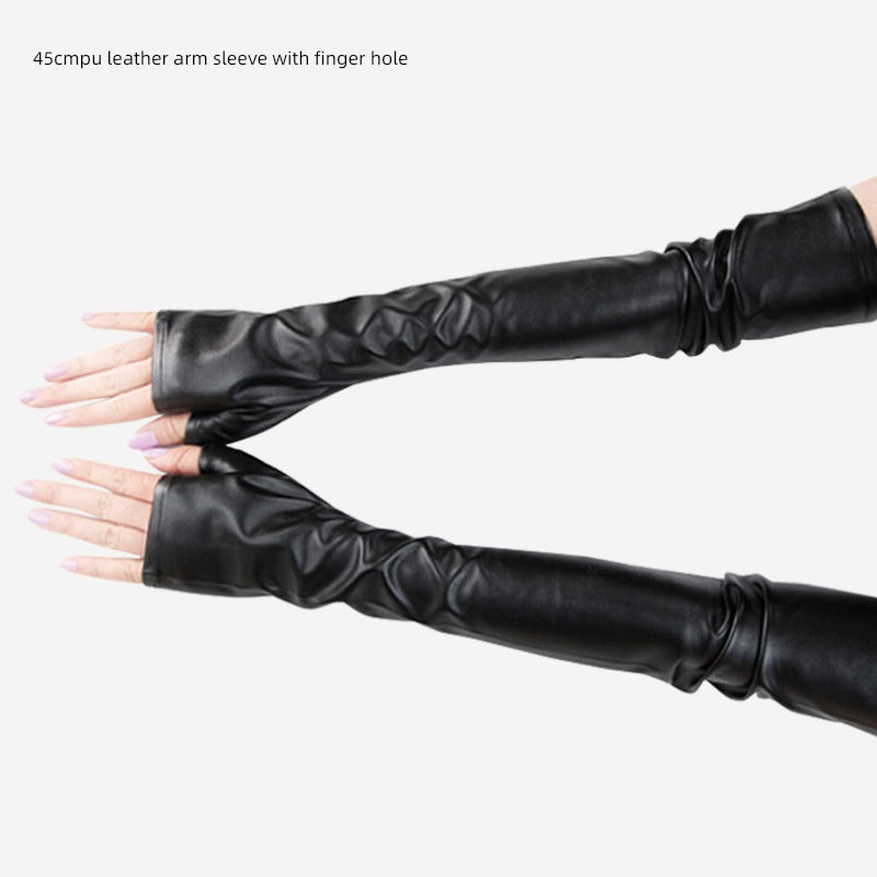 Women's Velvet Open Finger Black Oversleeve Leather Gloves