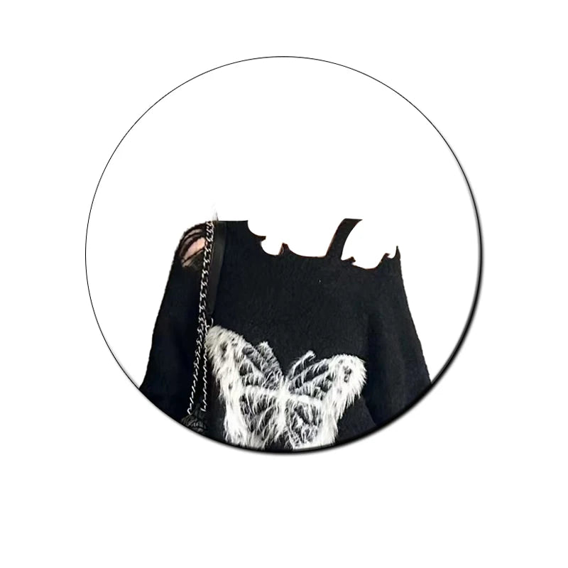 Women's Black Gothic Pullover Knitted Sweater Harajuku Y2k Long Sleeves Emo Torn Sweater Jumper Vintage 2000s Aesthetic Clothes