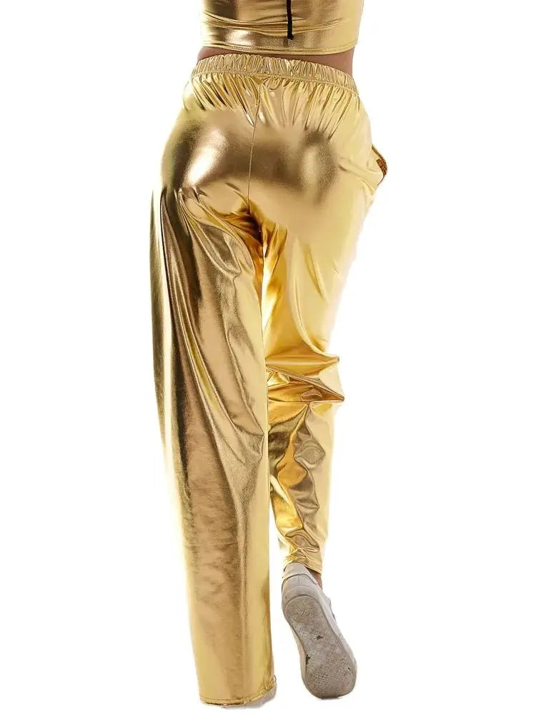 Women Adult Shiny Straight Leg Pants Casual High Waist Metallic Pants Super Long Holographic Pants Disco Bottoms Viralgem Store