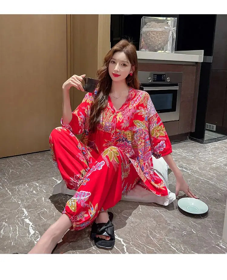 2023 New Cotton Silk Summer Pajamas Suit Plus Size Loose Ladies Home Clothes Two-piece Casual Style Thin