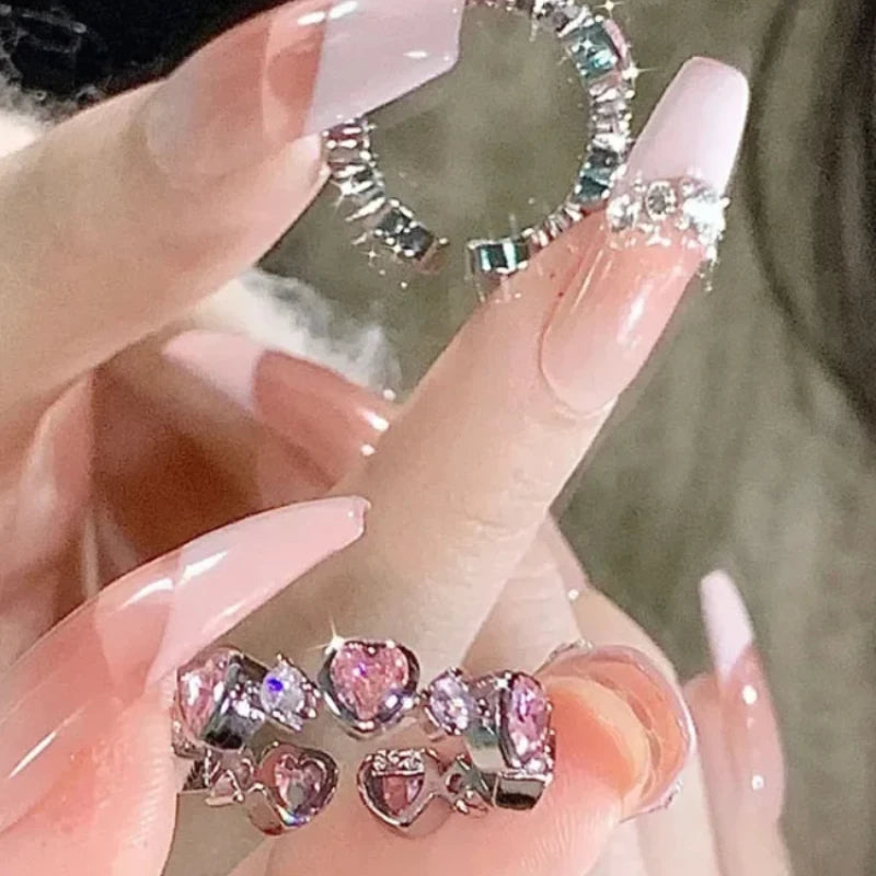 Adjustable Crystal Rings Y2K Pink Irregular Geometry Vintage Bowknot Heart Ring Set for Women Girl 2023 New Fashion Jewelry Gift Viralgem Store