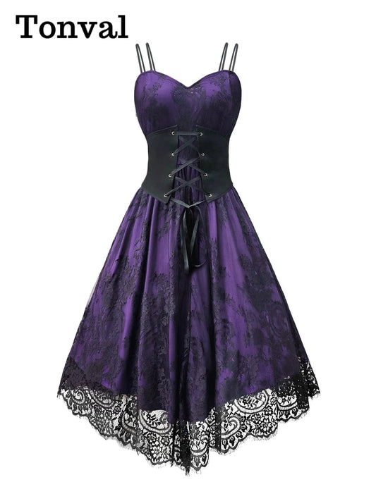Tonval Purple Elegant Spaghetti Strap High Waist Corset Dress Gothic Women Cosplay Party Vintage Costume Lace Long Dresses Viralgem Store