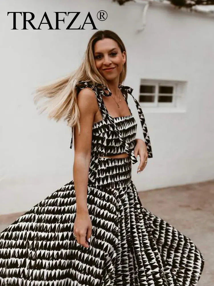 TRAFZA Women Fashion Geometric Print Skirt Zipper Fly High Waist Slim Midi Skirts Vintage Y2k 2024 Women Casual Streetwear TRAF Viralgem Store