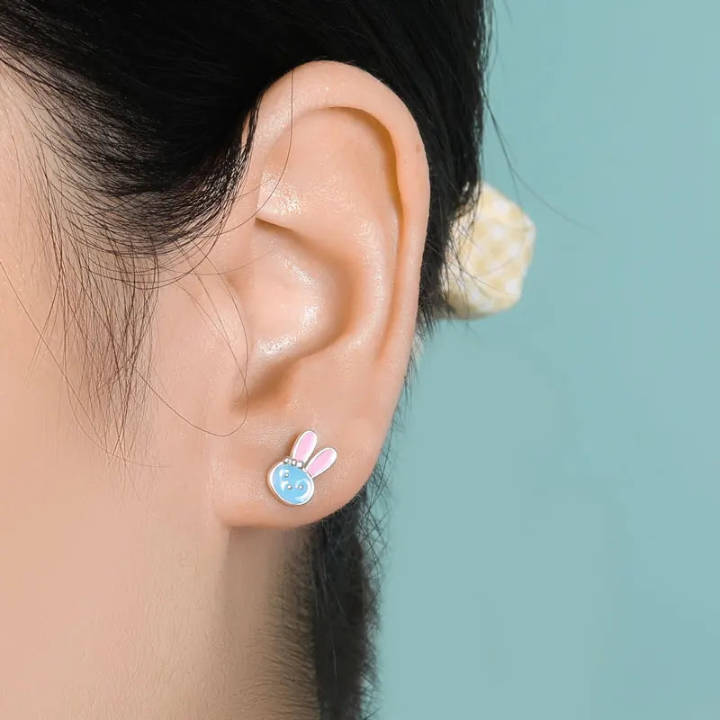 TrustDavis Real 925 Sterling Silver Cute Glaze Animal Rabbit Charm Stud Earrings For Daughter Girls Birthday Gift Jewelry DK024