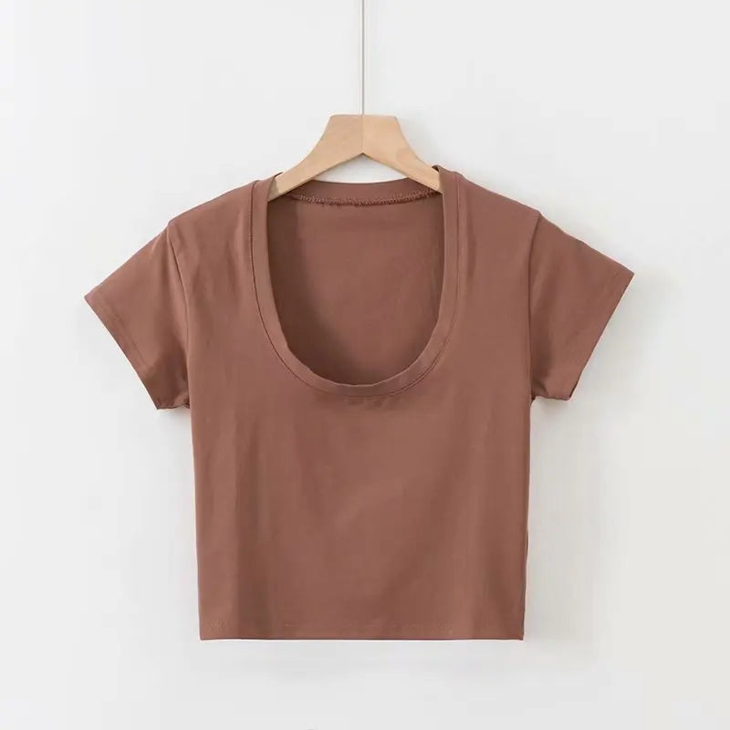 U-Neck Crop Top Solid Color Women Casual High Waist T Shirt Basic Sexy Streetwear Short Sleeve Slimming