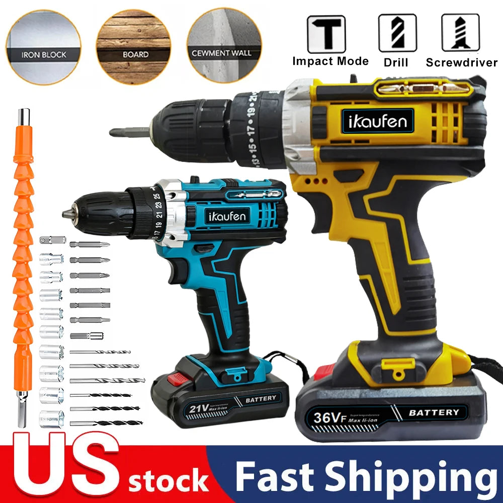 21V Cordless Drill Electric Screwdriver Mini Wireless Power Driver Lithium-Ion Battery Home DIY Cordless Drill Set