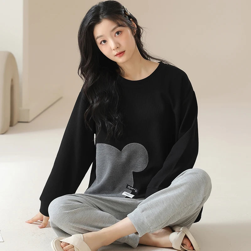 SUKAE Waffle Cotton Korean Minimalist Style Women Pajamas Spring Autumn Long Sleeves Lady Sleepwear Kawaii Round Neck Homesuits