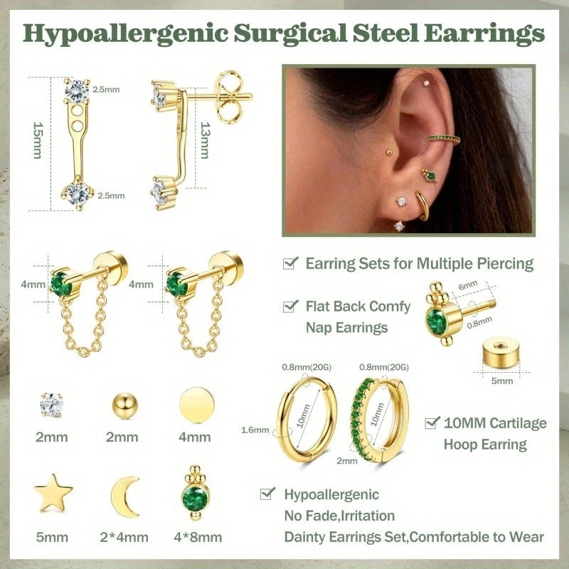 20pcs Stainless Steel Delicate Comfortable Green Gemstone Flat Back Earring Set,Hypoallergenic Small Hoop Earrings Jewelry Gifts Viralgem Store