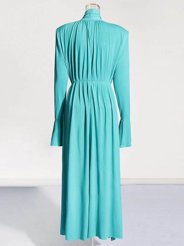 TWOTWINSTYLE Solid Appliques Folds Dresses For Women Half High Collar Flare Sleeve Tunic Long Dress Female Fashion Clothing New Viralgem Store