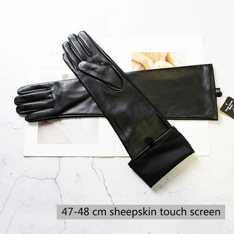 Touch Screen Extra Long Leather Sheepskin Gloves Women's Black Fashion Simple Straight Style Velvet Lining Winter Warm Sleeve