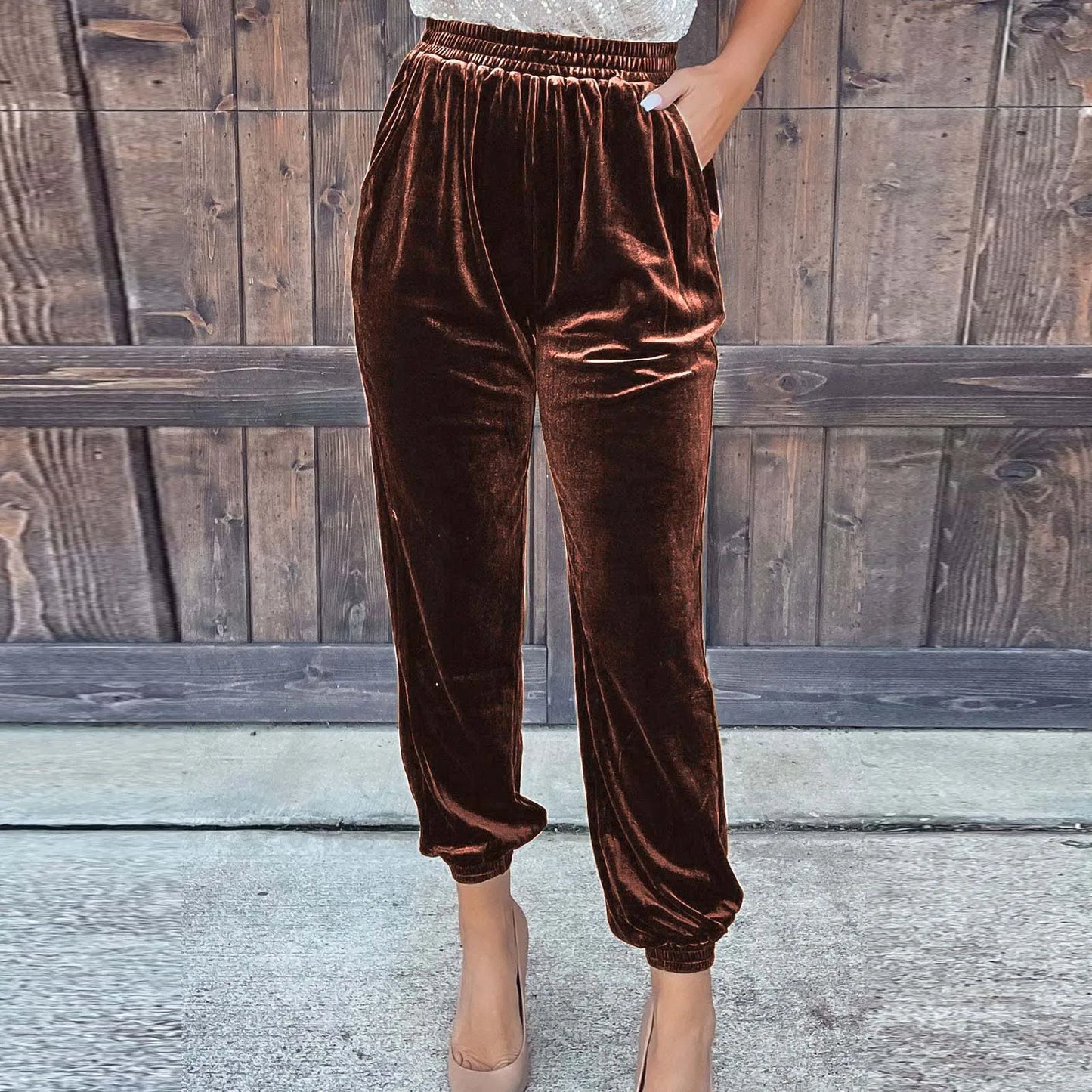 Women's Velvet Pants High Waist Loose Wide Leg Pants Casual Elastic Waist Velour Long Trousers with Pockets