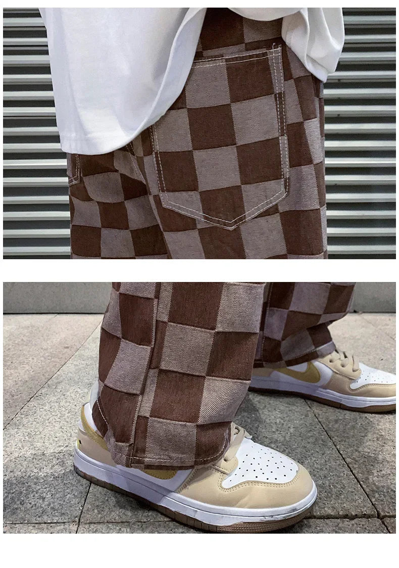 2024 Spring New Men's Brown Check Print Baggy Jeans Korean Fashion Streetwear Denim Straight Pants Male Brand Trousers