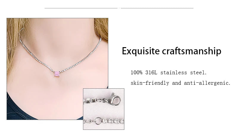 Stainless Steel Necklace Tennis Chain Hip Hop Square Pendant Necklace Star Heart Zircon Choker Necklaces For Women Jewelry