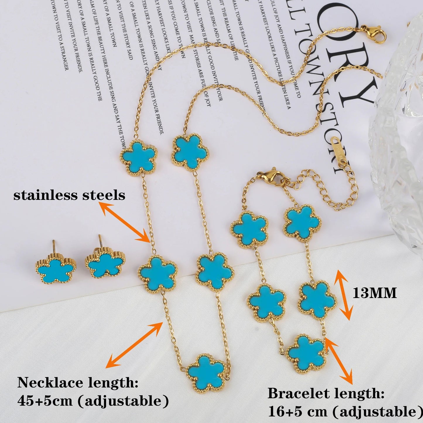 3Pcs 18k Gold-Plated Five-Leaf Flower Necklace Earrings Bracelet Jewelry Set For Woman Fashion Party Jewelry Daily Wear Clover Viralgem Store