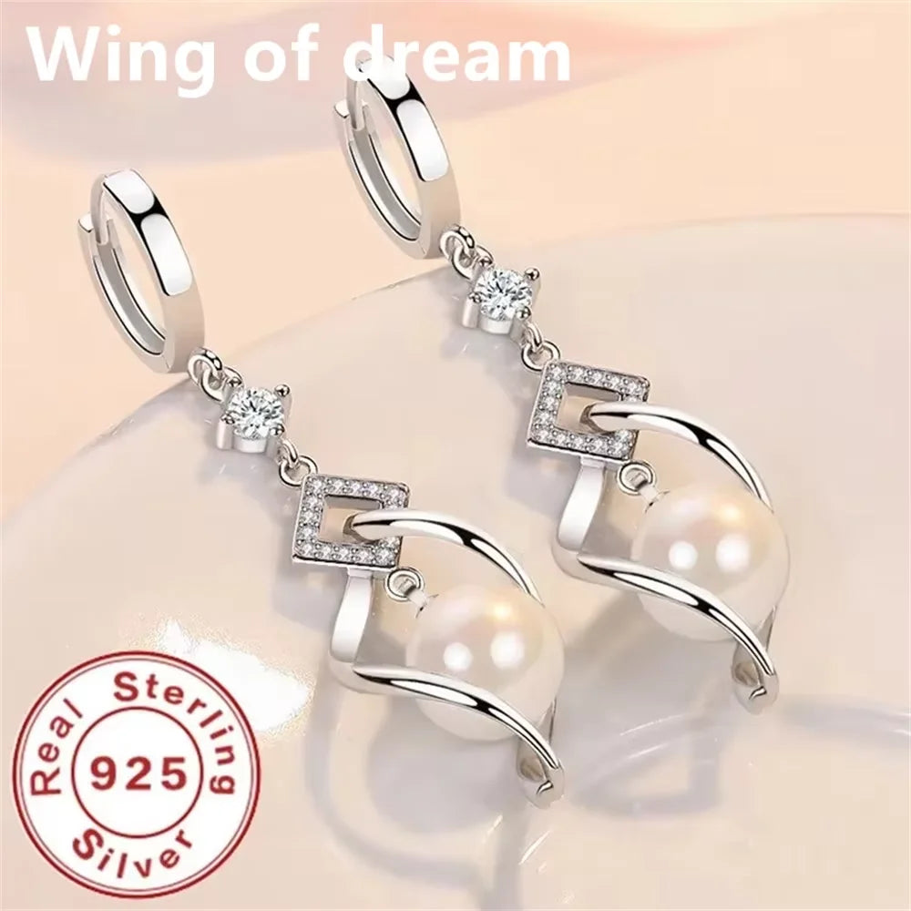 925 Sterling Silver Crystal Zirconia Natural Pearl Earrings, Women's Fashion Gorgeous Wedding Engagement Party Jewelry