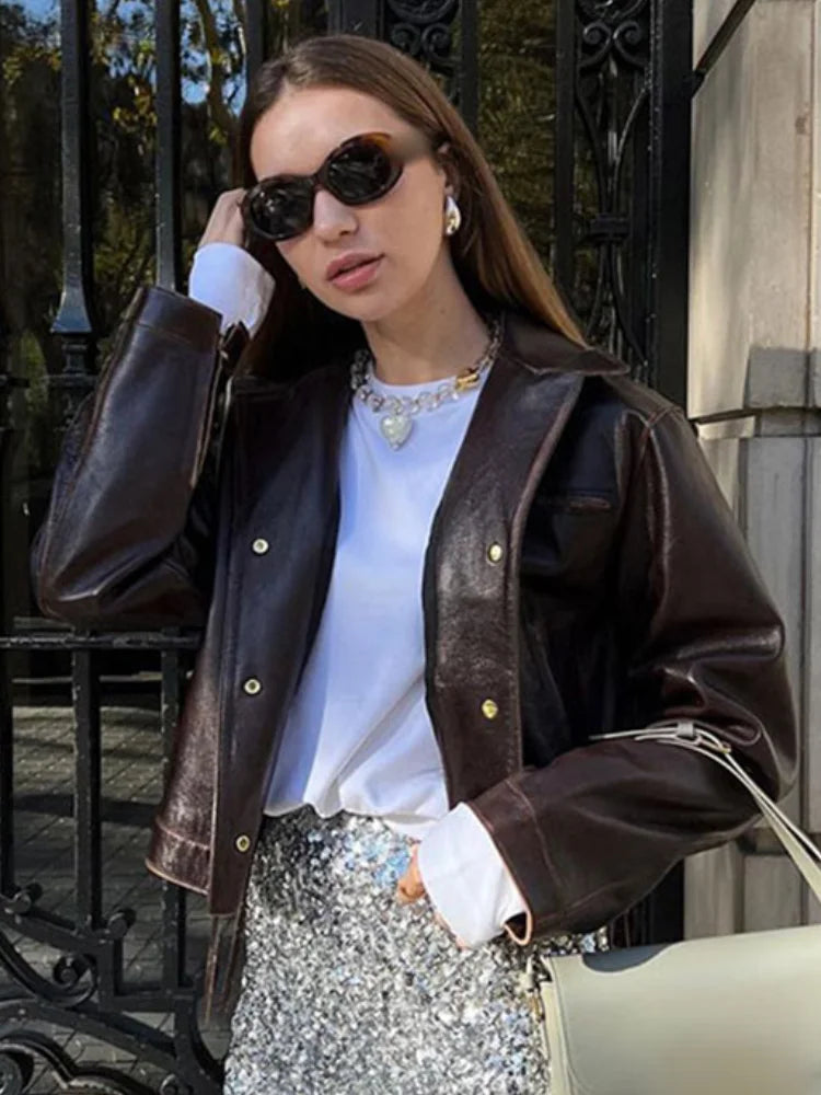 Vintage Cropped Distressed Leather Jacket For Women Chic Lapel Single Breasted Lace Up Coat Autumn Lady New Chic Streetwear 2024