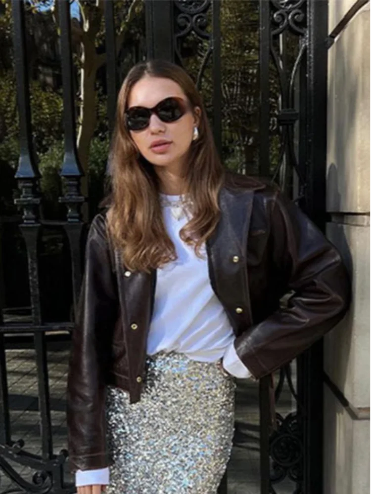 Vintage Cropped Distressed Leather Jacket For Women Chic Lapel Single Breasted Lace Up Coat Autumn Lady New Chic Streetwear 2024