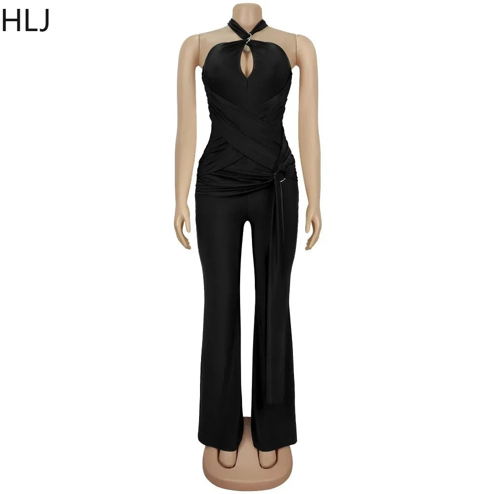 HLJ Sexy Hollow-out Bandage Patchwork Bodycon Jumpsuit Women Halter Sleeveless Backless Rompers Female Streetwear Overalls New Viralgem Store