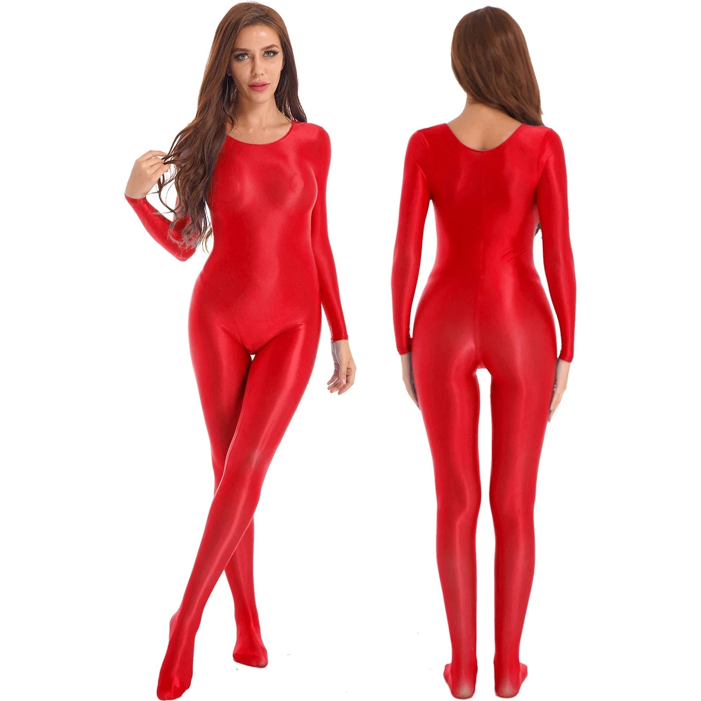 Women Shiny Oil Full Body Pantyhose Jumpsuit Long Sleeve Bodystocking Tights Yoga Gymnastics Unitard Leotard Athletic Catsuit Viralgem Store