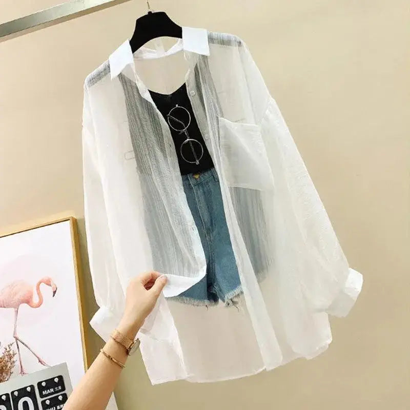 Summer Sunscreen Shirt Elegant Perspective Thin Chiffon Blouse Korean Harajuku See Through Loose Top Casual Women's Cardigan Freshlook Styles