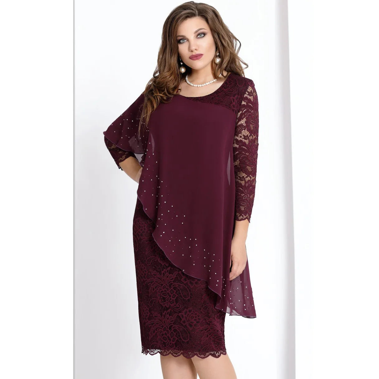 Women's Plus Size New Year Knitted Dresses 2022 Mesh Lace Long Sleeve Stitching Luxury Evening Fake Two-piece Chiffon Dress 90s