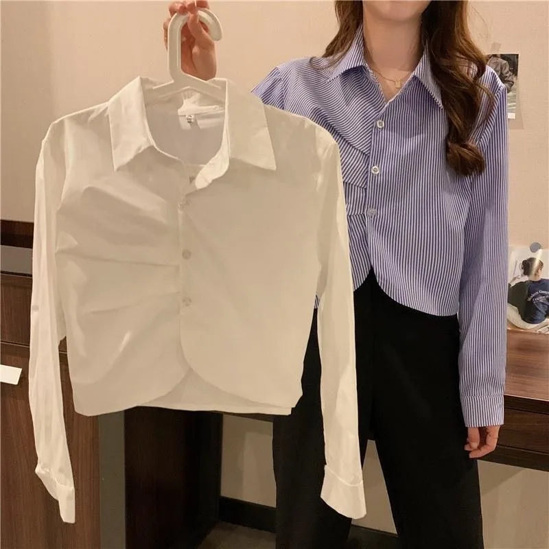 Striped Shirt Women's Design Niche Spring Autumn New Slim Versatile Pleated Long-sleeved Short Top Freshlook Styles