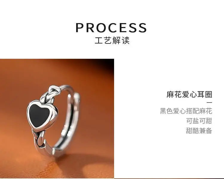 925 Sterling Silver Black Heart hoop Earrings Temperament Simple Inlaid for Women Wedding Jewelry Accessories
