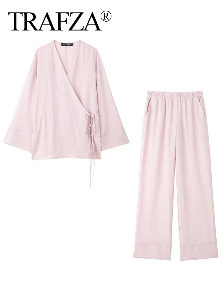 TRAFZA 2024 Women Fashion Solid Shirt Pant Set Asymmetric Laced Up Blouse Top+Elastic Waist Loose Wide Leg Pant 2 Piece Suits