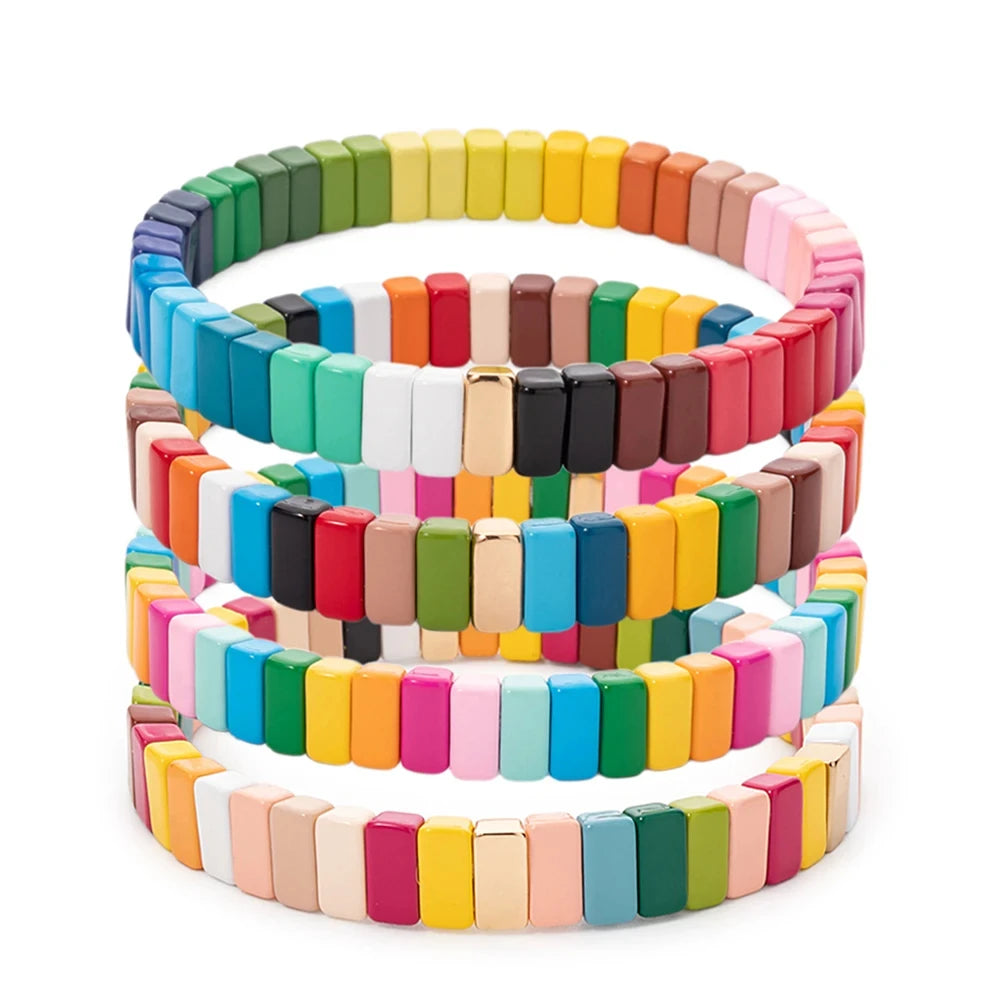 4X8MM Enamel Bracelets Wholesale Colorful Elastic Bangle Handmade Rainbow Beads Jewelry