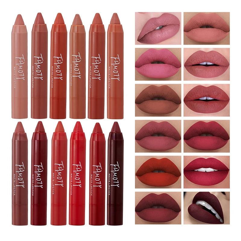 12 Colors Matte Lipstick Pen Waterproof Velvet Nude Lipstick Pencil Sexy Red Brown Pigments Lips Makeup Long Lasting Lip Tint