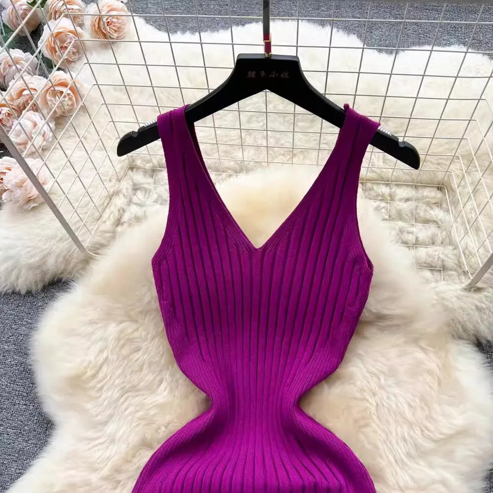 Women V Neck Solid Ribben Knitted Dresses Casual All Match Slimple Sexy Package Hips Bodycon Dress Elegant Vestidos Streetwear Viralgem Store