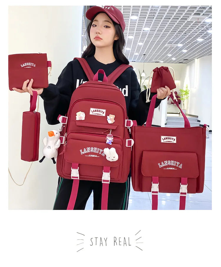 5-piece Set of Free Pendants Forest Style Korean Version Casual Harajuku Student Backpack for High School Girls Large Capacity Viralgem Store