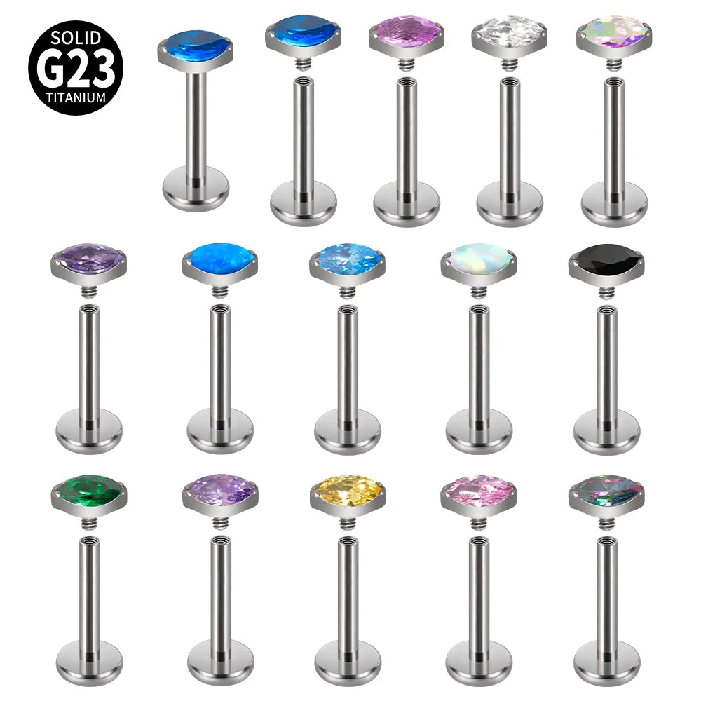 1PC ASTM F136 Titanium Marquise Labret CZ Zircon Ear Tragus Cartilage Flat Back Earring Piercing Internally Thread Body Jewelry