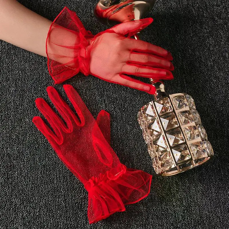 Women Short Tulle Gloves Sexy Lace Mittens Tulle Full Finger Gloves Lady Driving Glove Transparent Mittens Wedding Bridal Gloves